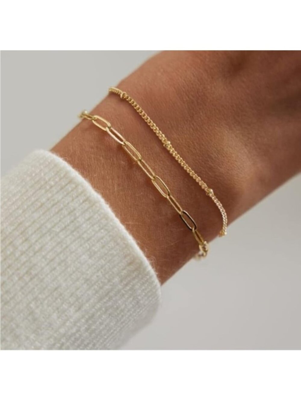 GOLD 14k Gold Plated 2pc Paperclip Bracelet Set